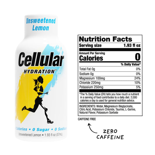 Cellular Hydration electrolyte shot bottle close-up showing label and clean formula.