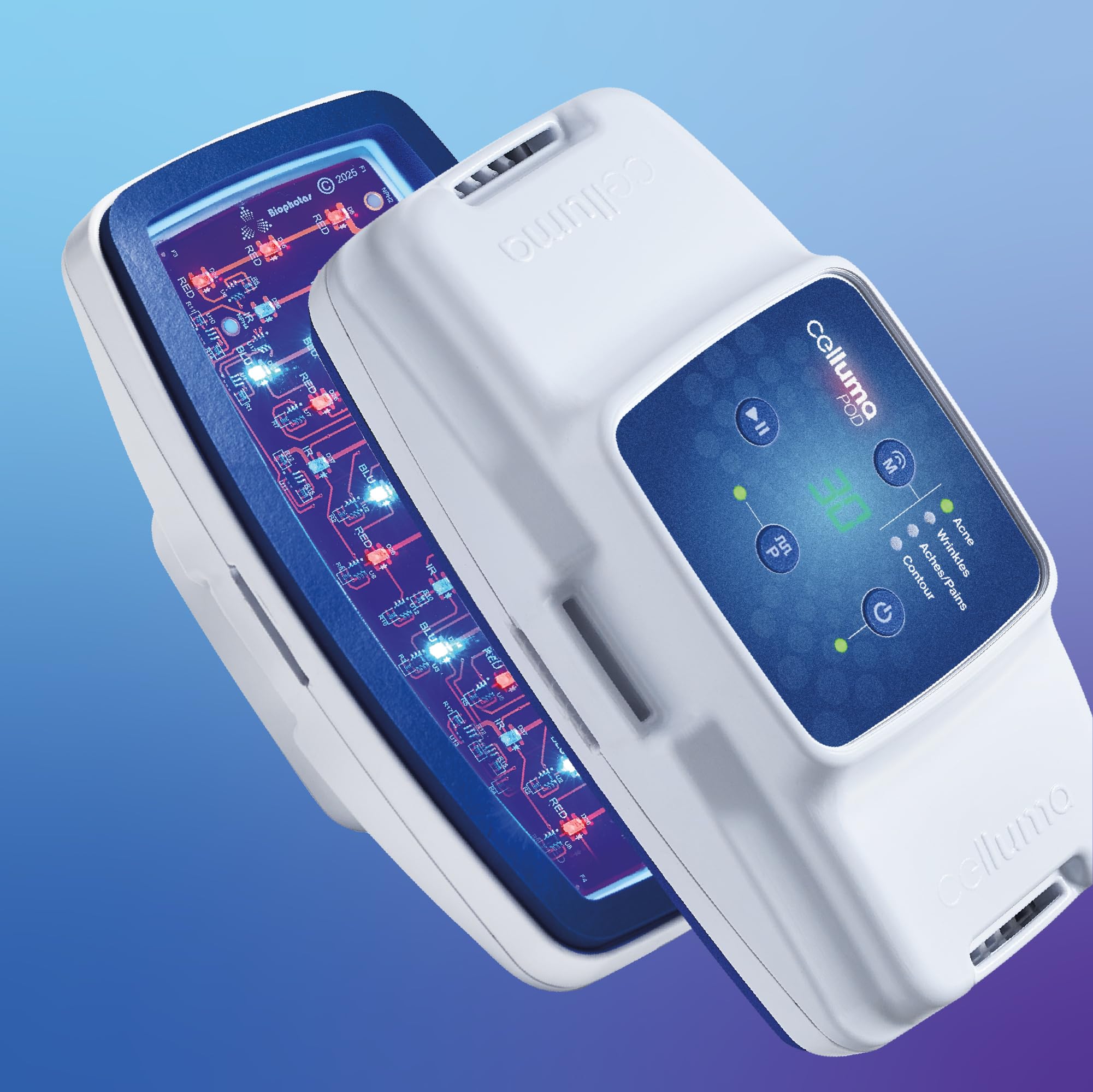 Celluma POD S2 front view shows a compact handheld device for at-home light therapy