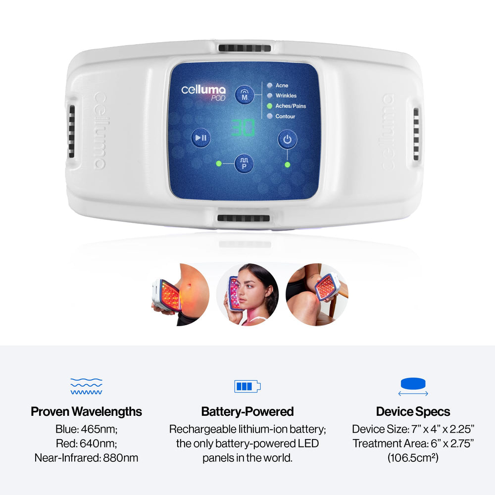 Celluma POD S2 handheld side view highlights portability for on-the-go treatments