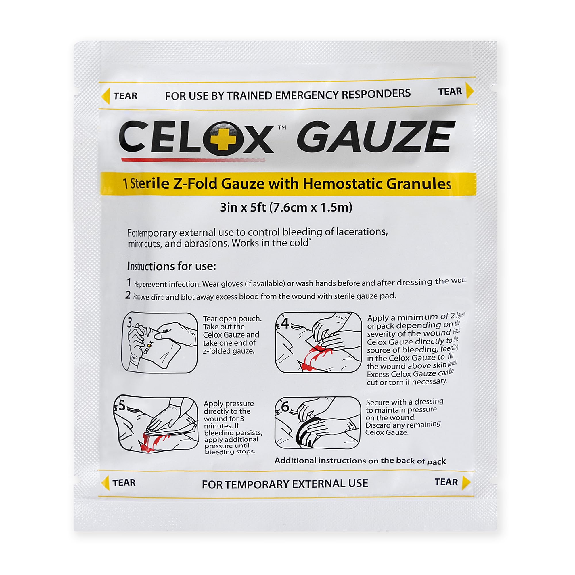 Celox Gauze Z-Fold pack shot showing compact sterile design for fast on-site use.