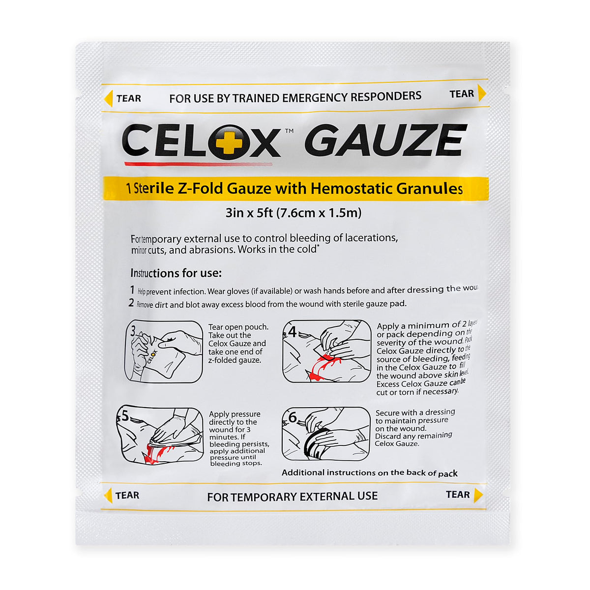 Celox Gauze Z-Fold pack shot showing compact sterile design for fast on-site use.