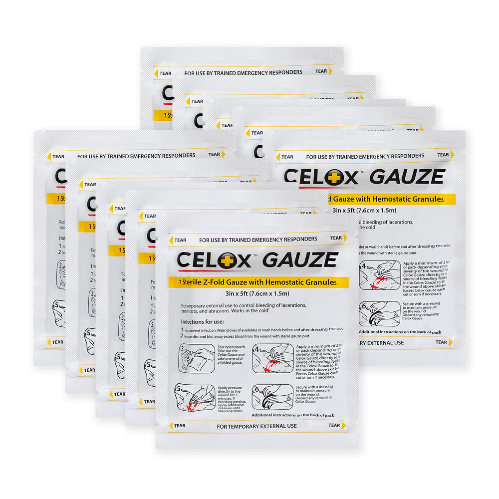 Celox Gauze Z-Fold use during wound contact for controlled application.