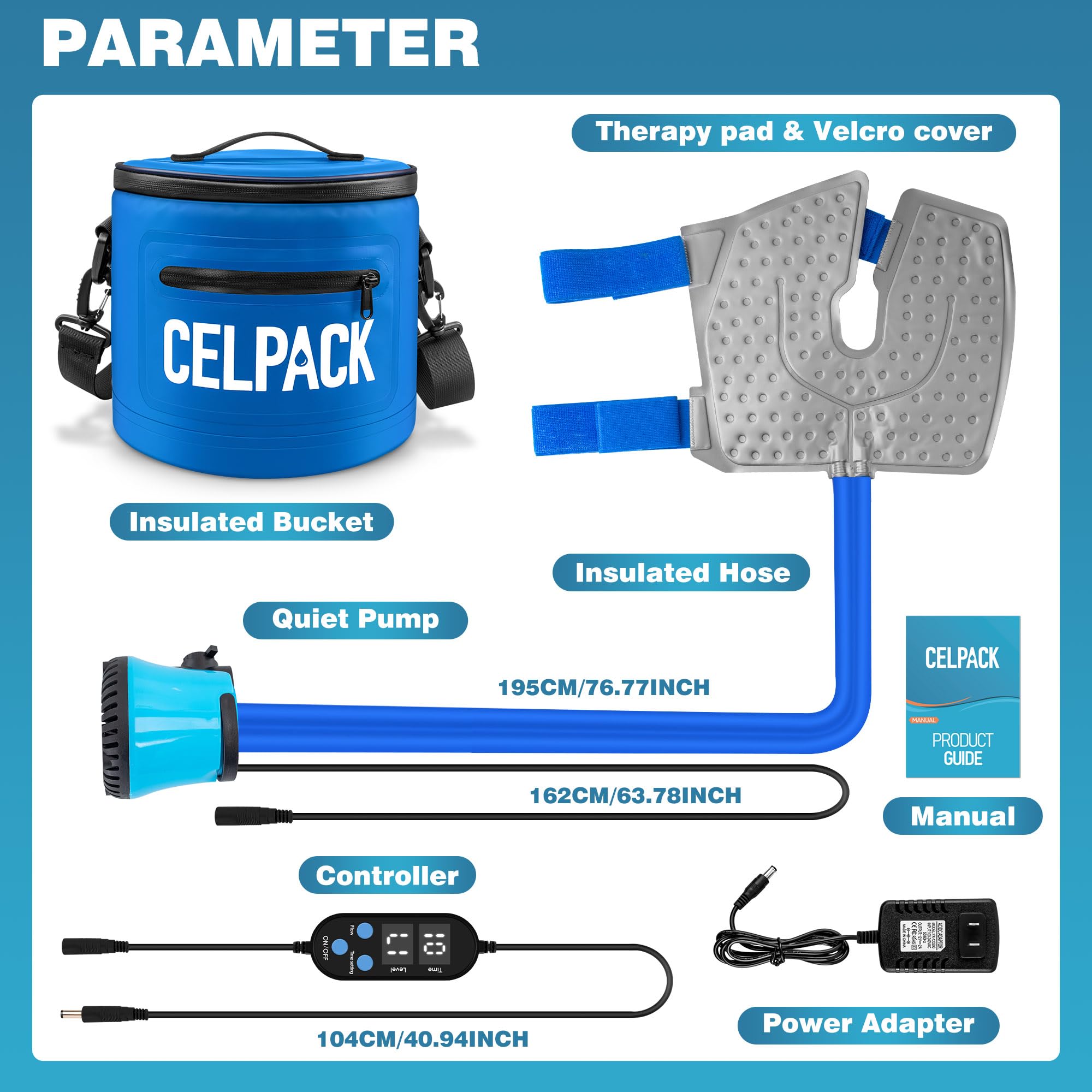 Celpack blue device on table, quiet pump for home use.