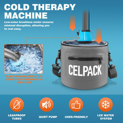 Celpack hose connection and knee pad setup enabling continuous cold compression.