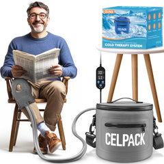 Celpack portable ice therapy machine front view with knee brace setup for cooling.