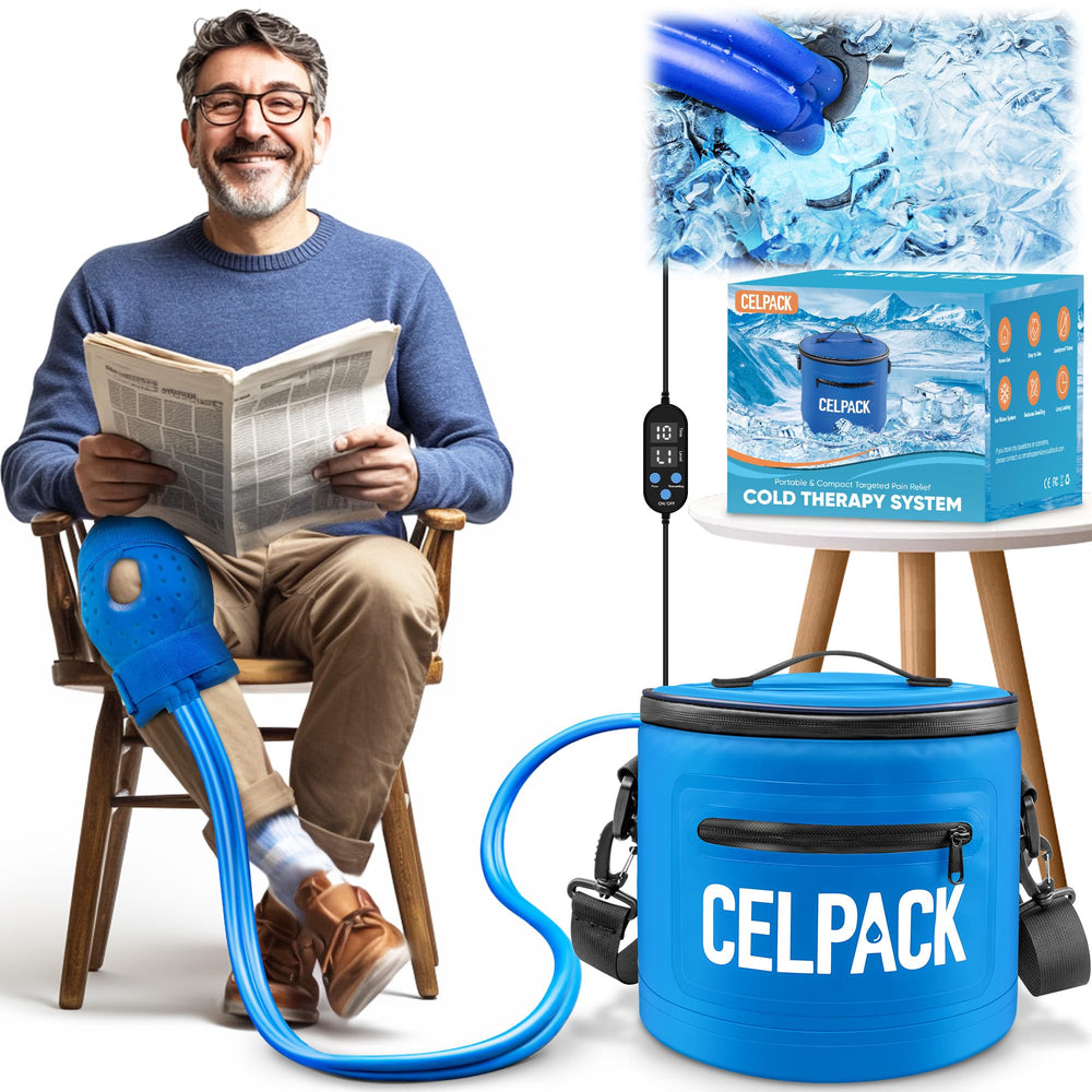 Celpack portable ice therapy machine, front view, cools and supports the knee.