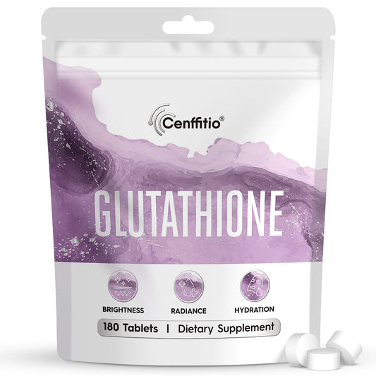 Cenffitio Glutathione bottle front shows a bright, skin-brightening routine.