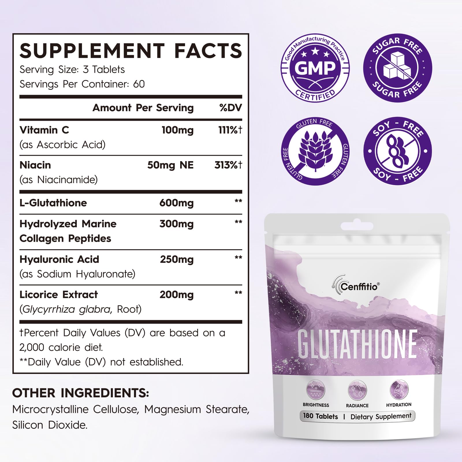 Cenffitio Glutathione pills view highlights a 180-tablet supply for ongoing use.