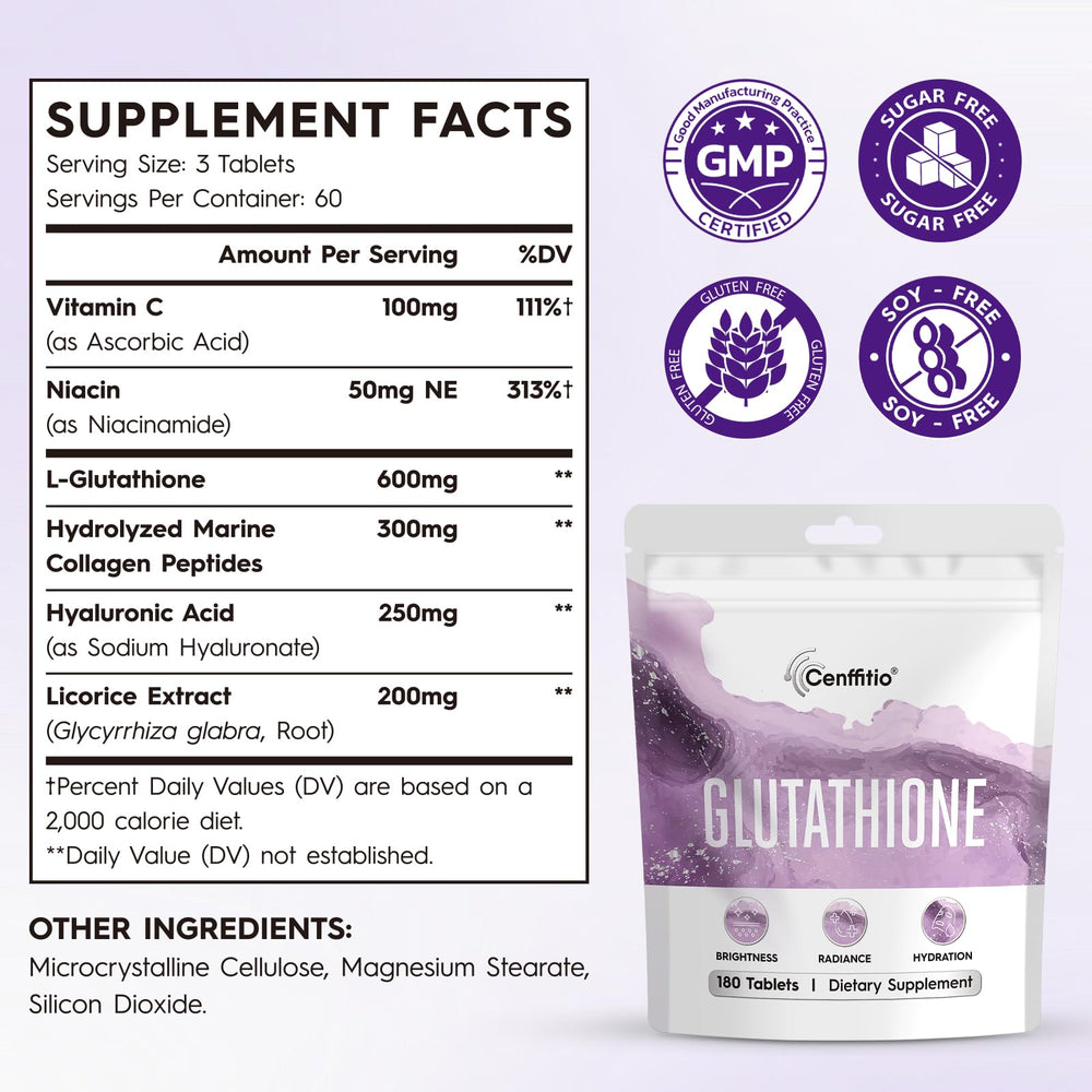 Cenffitio Glutathione pills view highlights a 180-tablet supply for ongoing use.