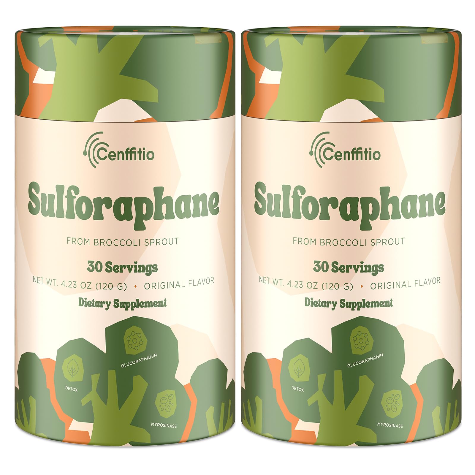 Cenffitio Sulforaphane bottle label showing high-potency broccoli sprout blend for NRF2 support.