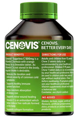 Close-up of Cenovis Vitamin C 500mg sugarless tablets emphasizing 300-tablet supply.
