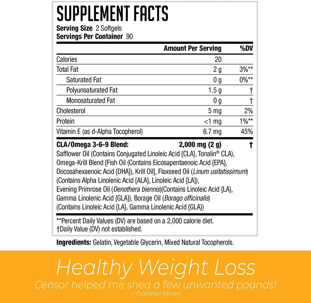 Censor bottle front label highlighting CLA and EFAs for balanced nutrition.