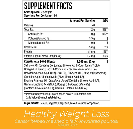 Censor bottle front label highlighting CLA and EFAs for balanced nutrition.