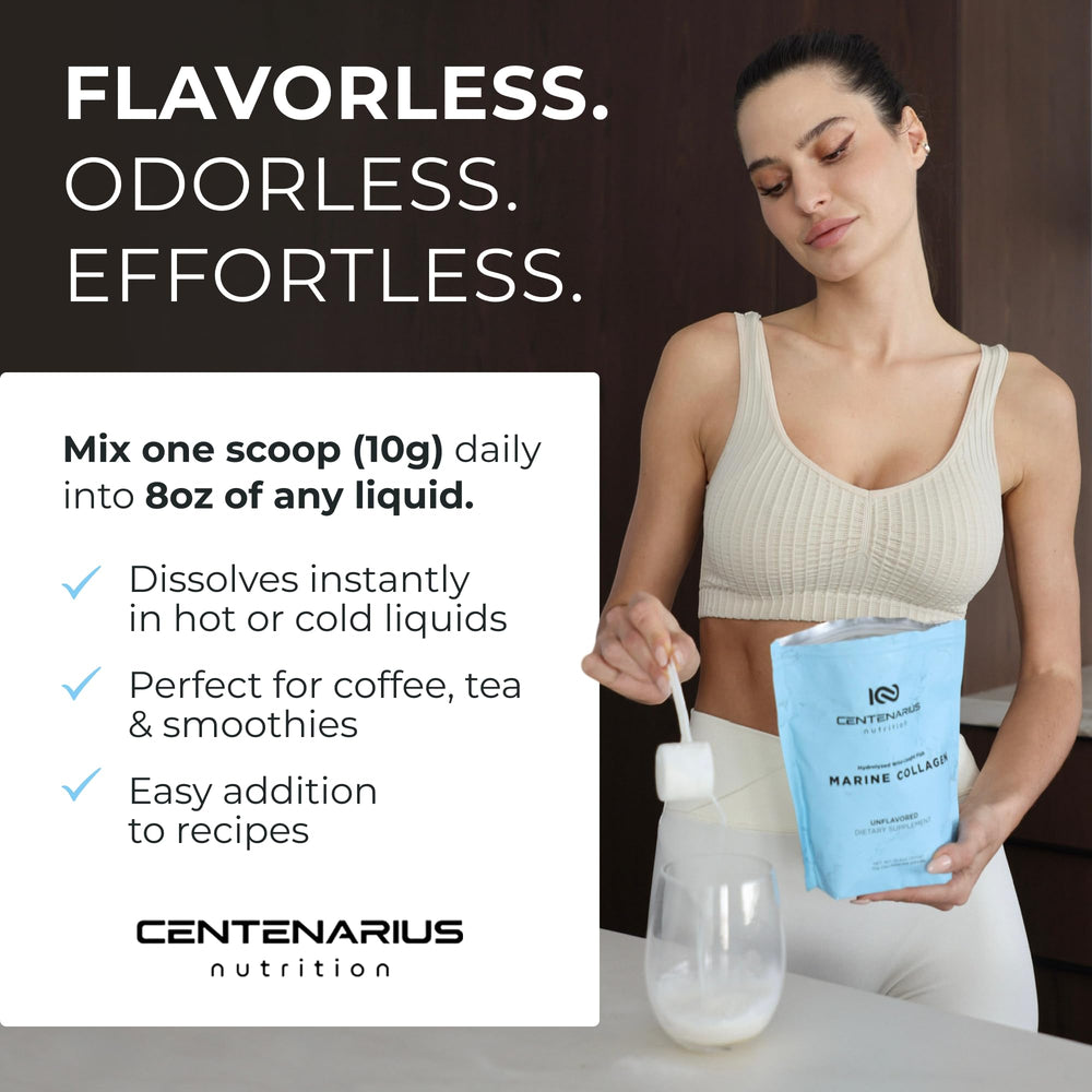 Centenarius collagen peptides jar on counter indicates easy daily use.