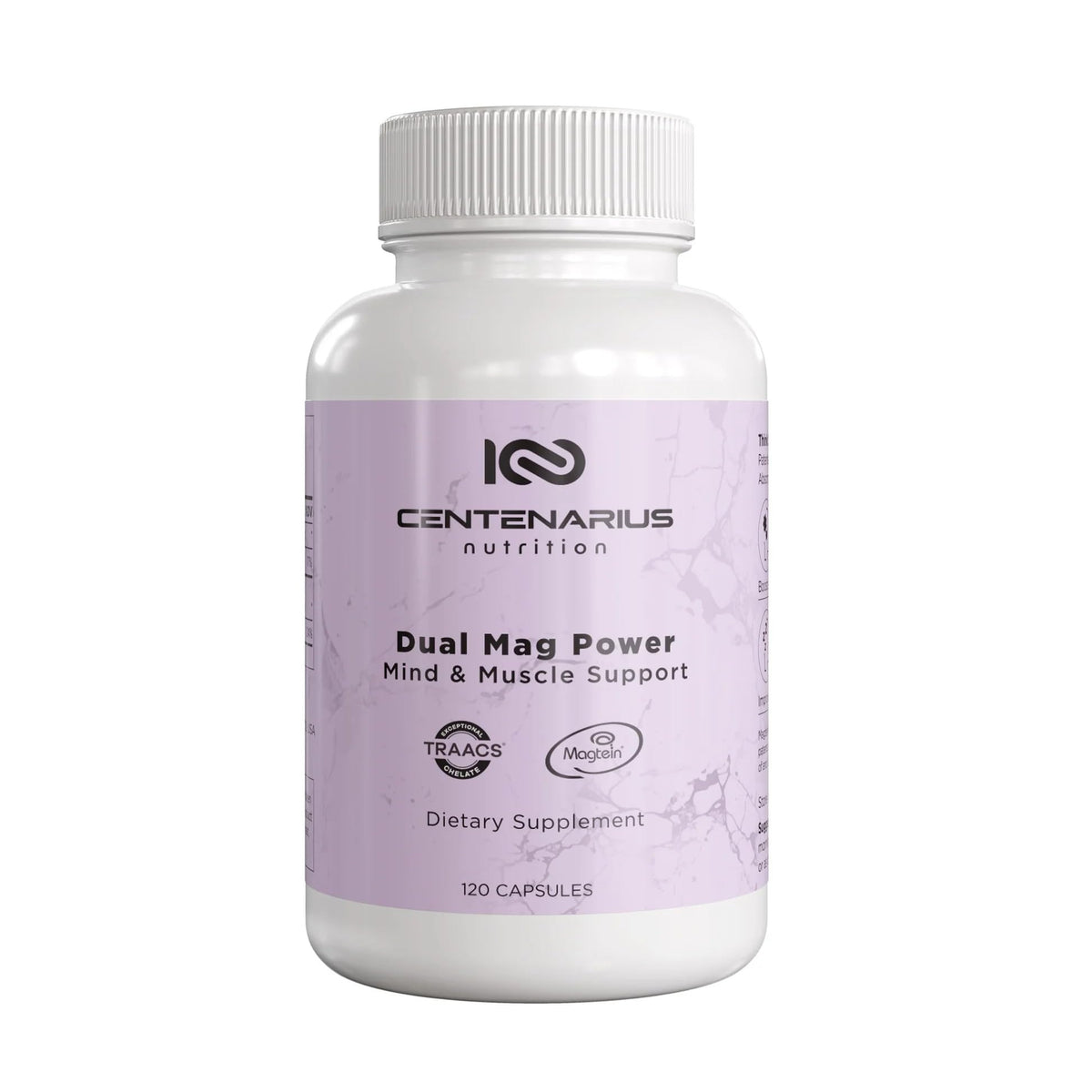 Centenarius Dual Mag Power bottle pour showcases the premium magnesium blend for focus and restful sleep.