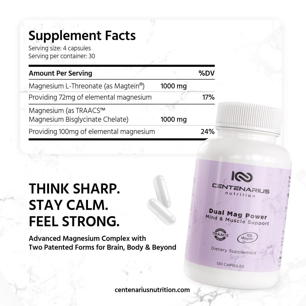 Centenarius Dual Mag Power capsules closeup highlights bioavailable magnesium for muscle recovery.