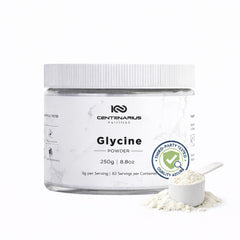 Centenarius Glycine Powder bottle showing vegan, additive-free formula for recovery and sleep support