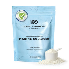 Centenarius Nutrition hydrolyzed marine collagen peptides bottle for skin support.