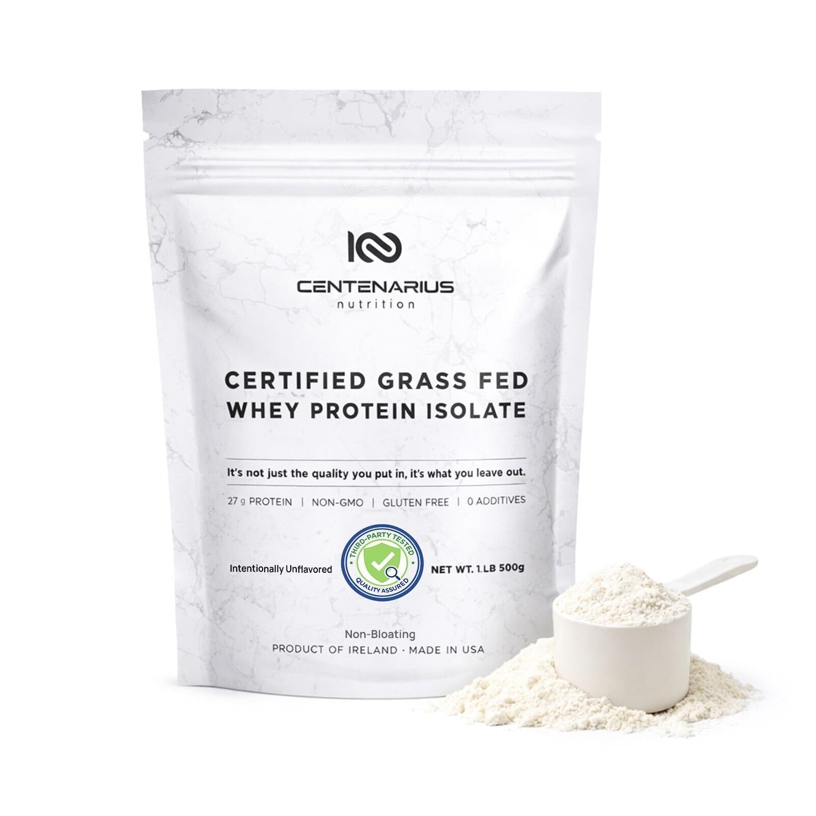 Centenarius Nutrition Premium Whey Isolate 500g unflavored bag highlights clean, grass-fed protein.