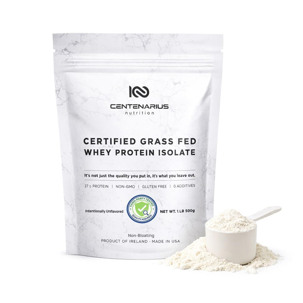 Centenarius Nutrition Premium Whey Isolate 500g unflavored bag highlights clean, grass-fed protein.