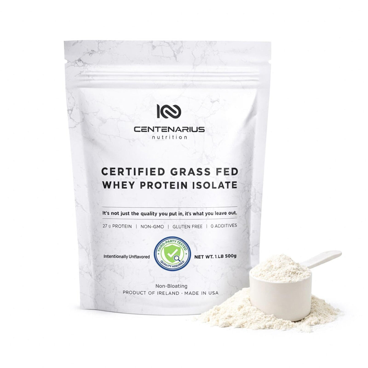 Centenarius Nutrition Premium Whey Isolate 500g unflavored bag highlights clean, grass-fed protein.