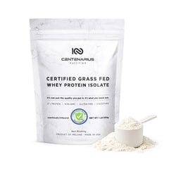 Centenarius Nutrition Premium Whey Isolate 500g unflavored bag highlights clean, grass-fed protein.