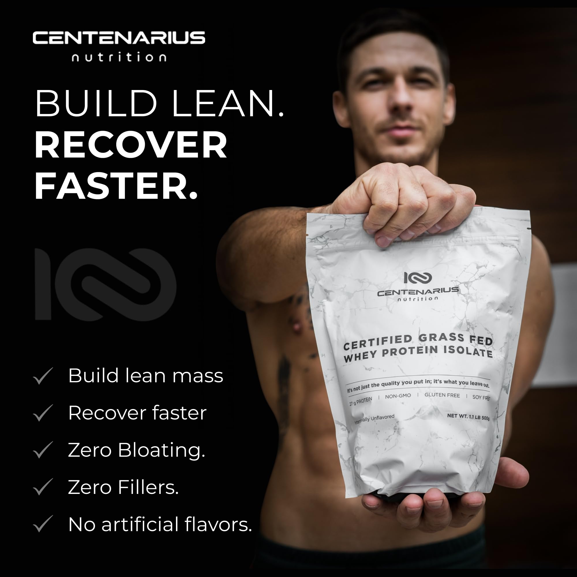 Centenarius Nutrition Premium Whey Isolate gluten-free lactose-free icon confirms allergy-friendly protein.