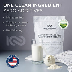 Centenarius Nutrition Premium Whey Isolate Irish grass-fed pouring shot suggests quick, smooth mixing.