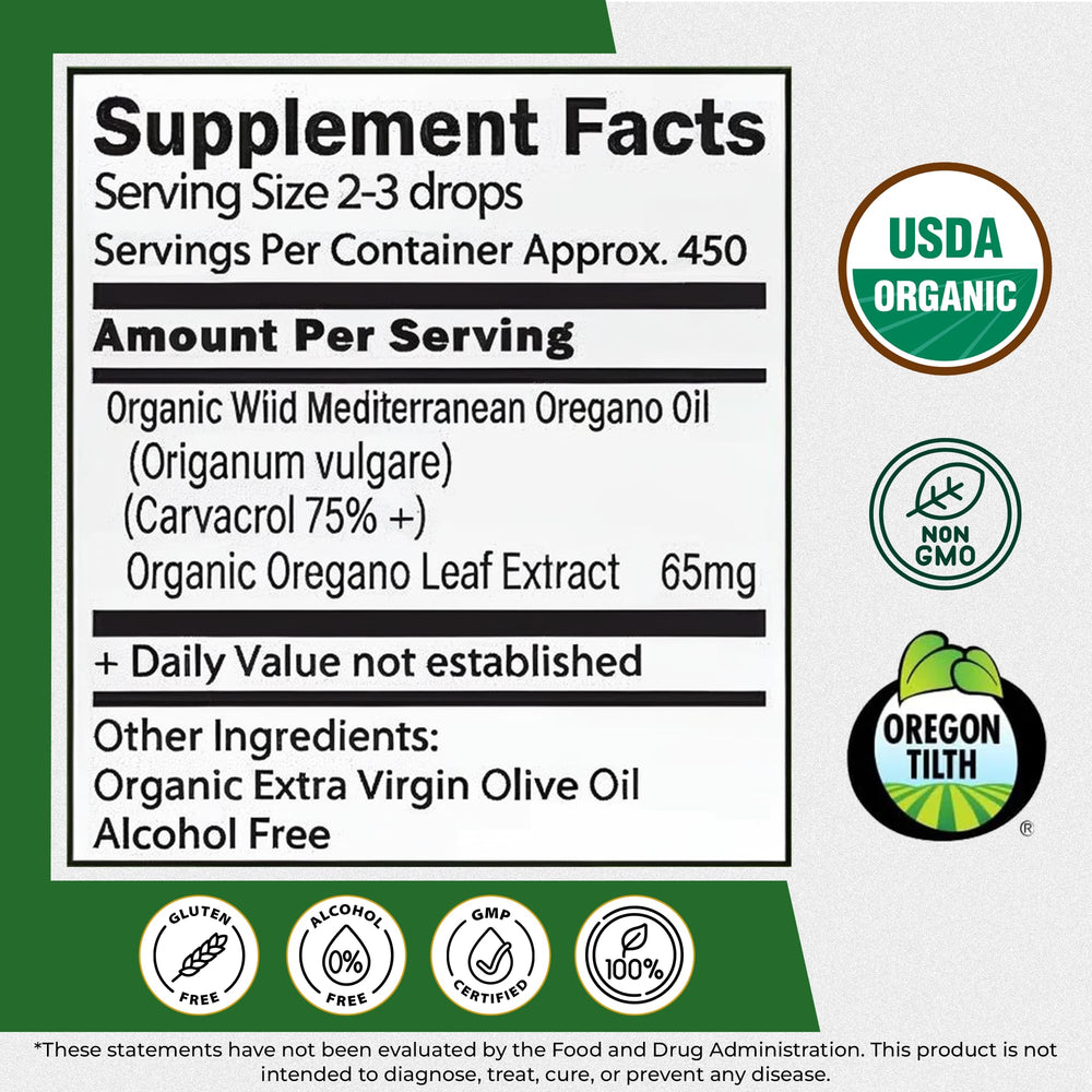 Center of Eden oregano oil bottle label showing organic, wild Mediterranean origin