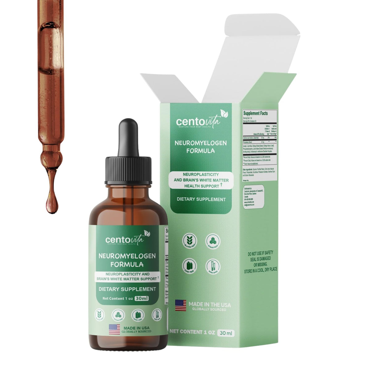 Centovita Neuromyelogen formula bottle with berry liquid may support focus and learning