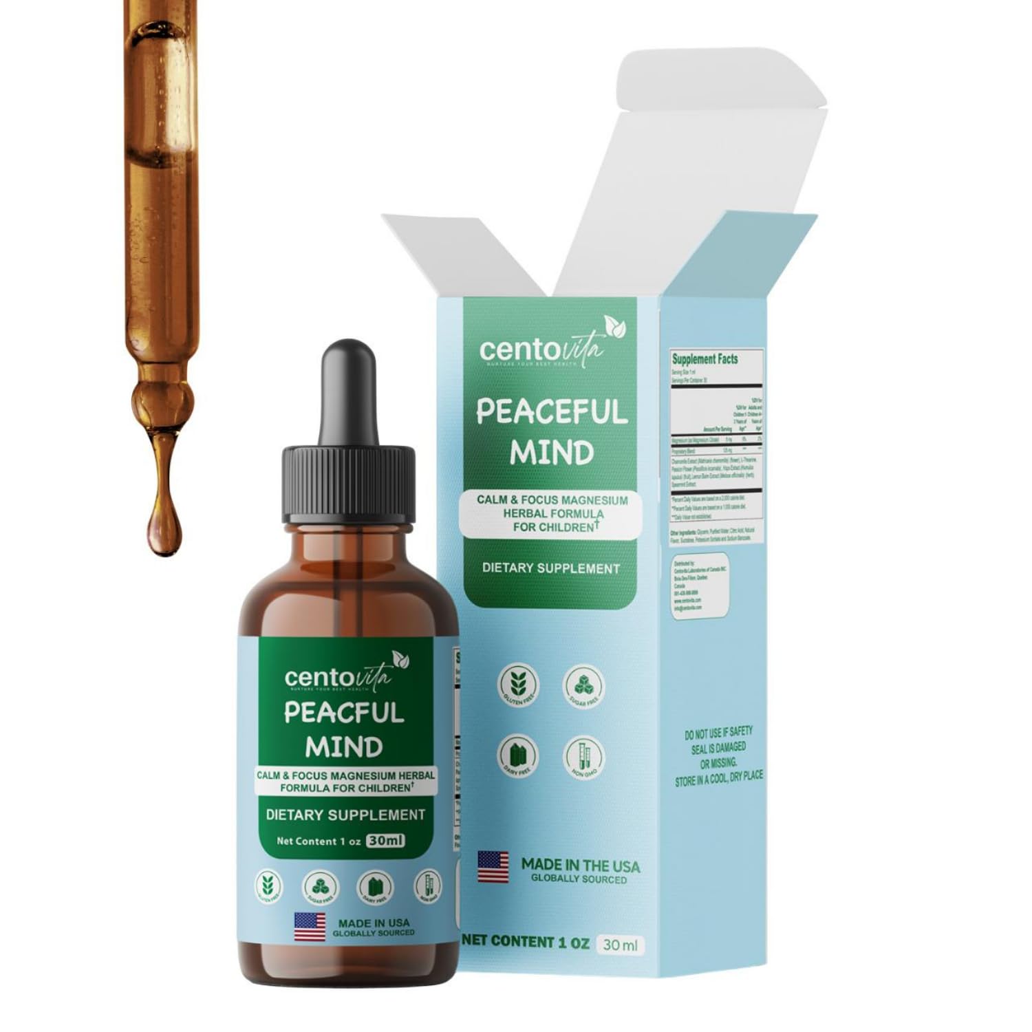Centovita Peaceful Minds bottle with dropper supports kid calm and focus.