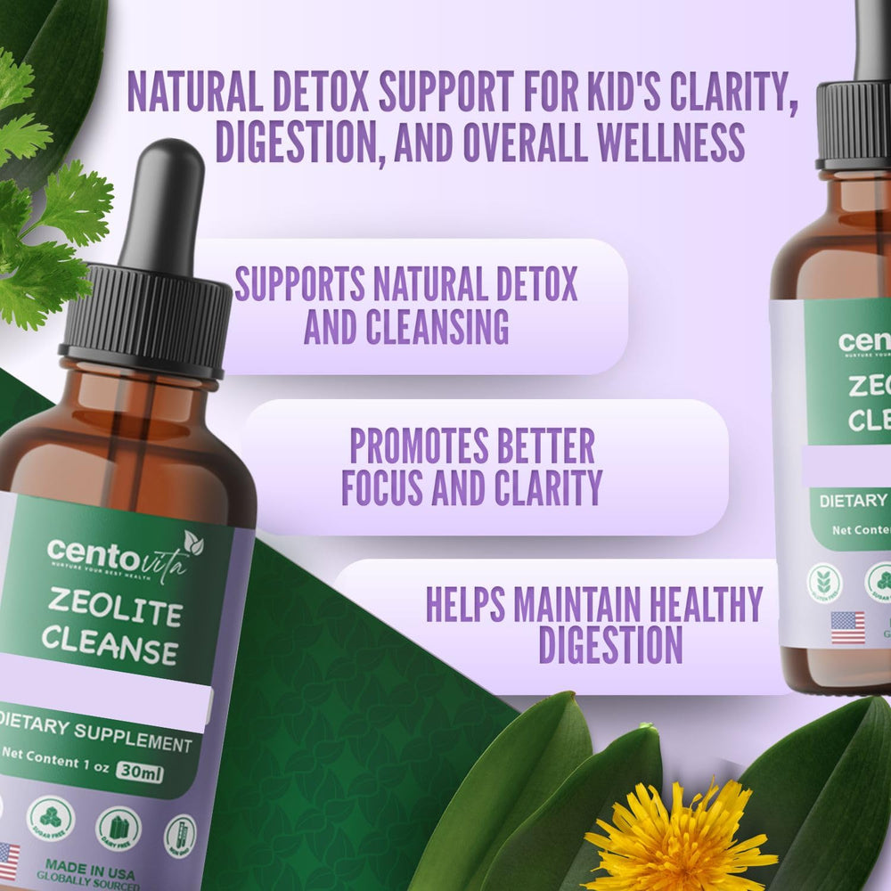 Centovita Zeolite Cleanse Drops for Kids bottle shows berry flavor for easy dosing.