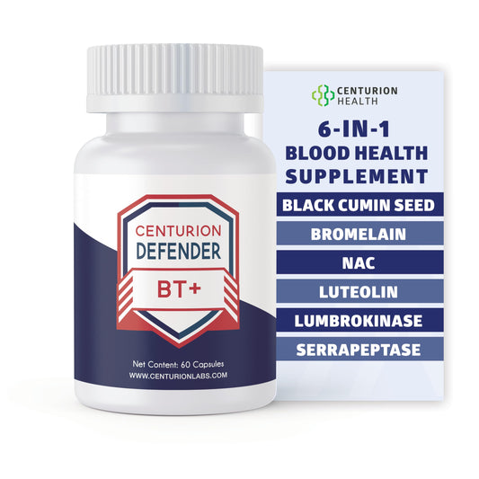 Centurion Defender BT+ bottle front emphasizing natural circulation support.