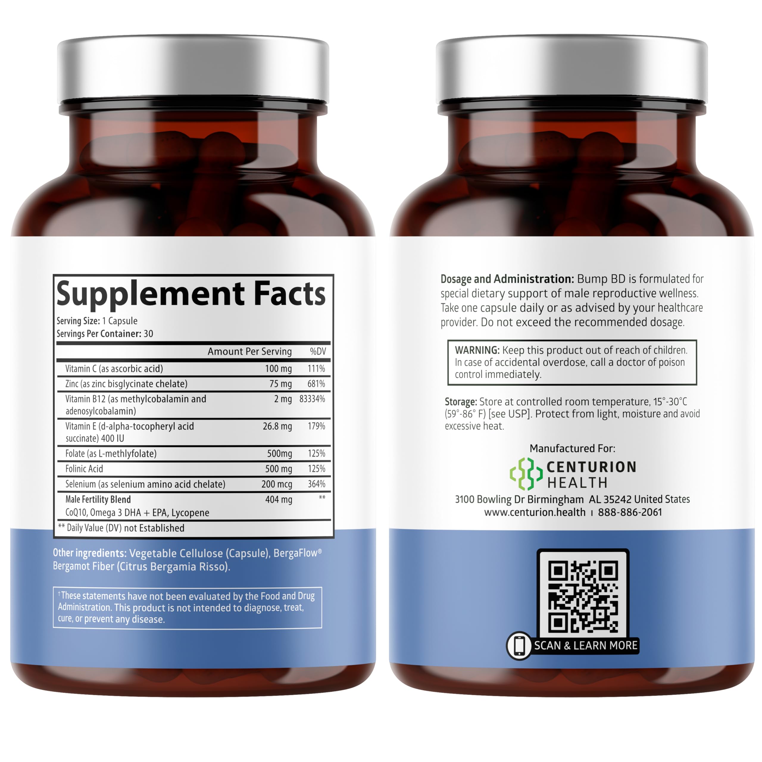 Centurion Health Bump BD capsules close-up highlighting ready-to-take daily capsules