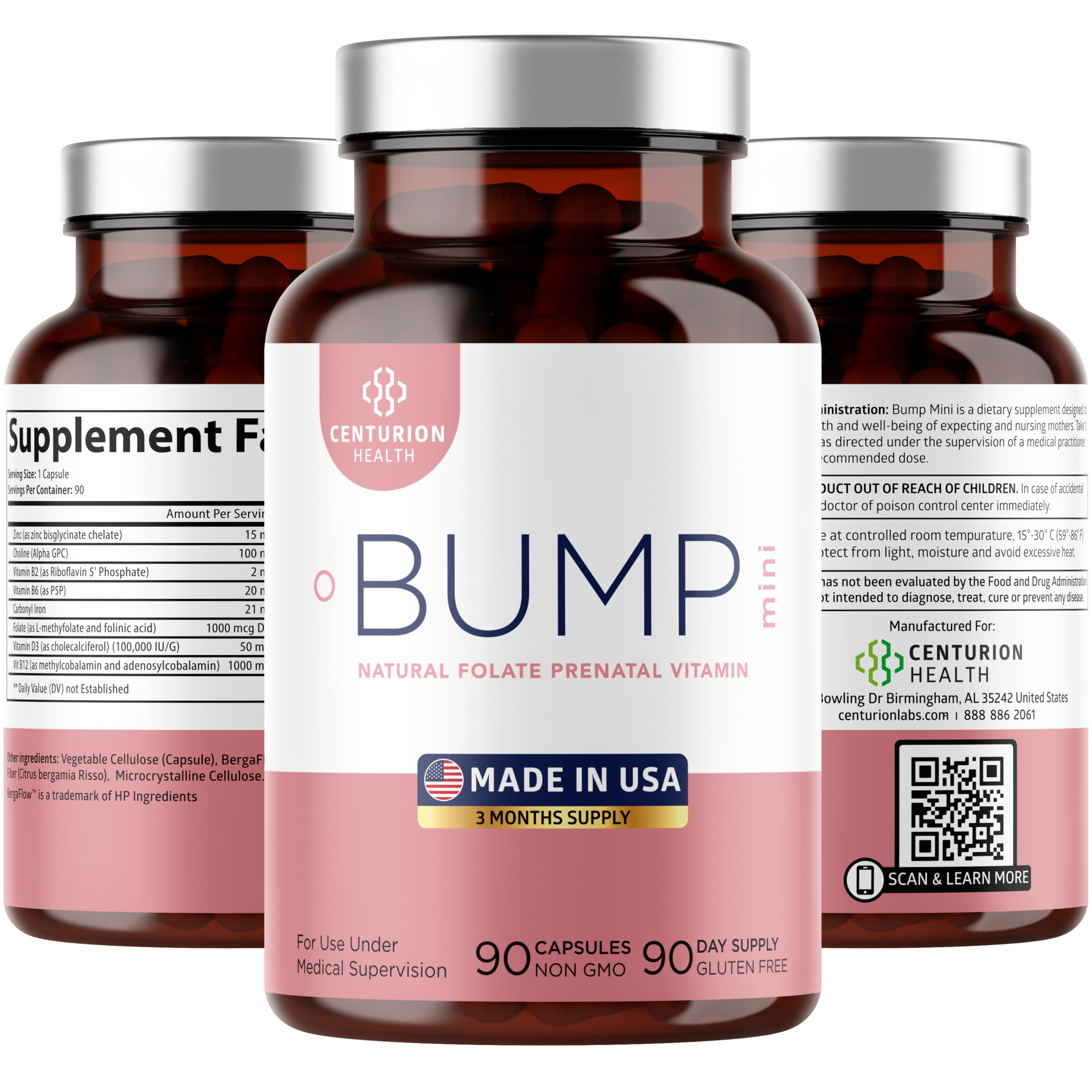 Centurion Health Bump Mini bottle front for daily prenatal nutrition use.