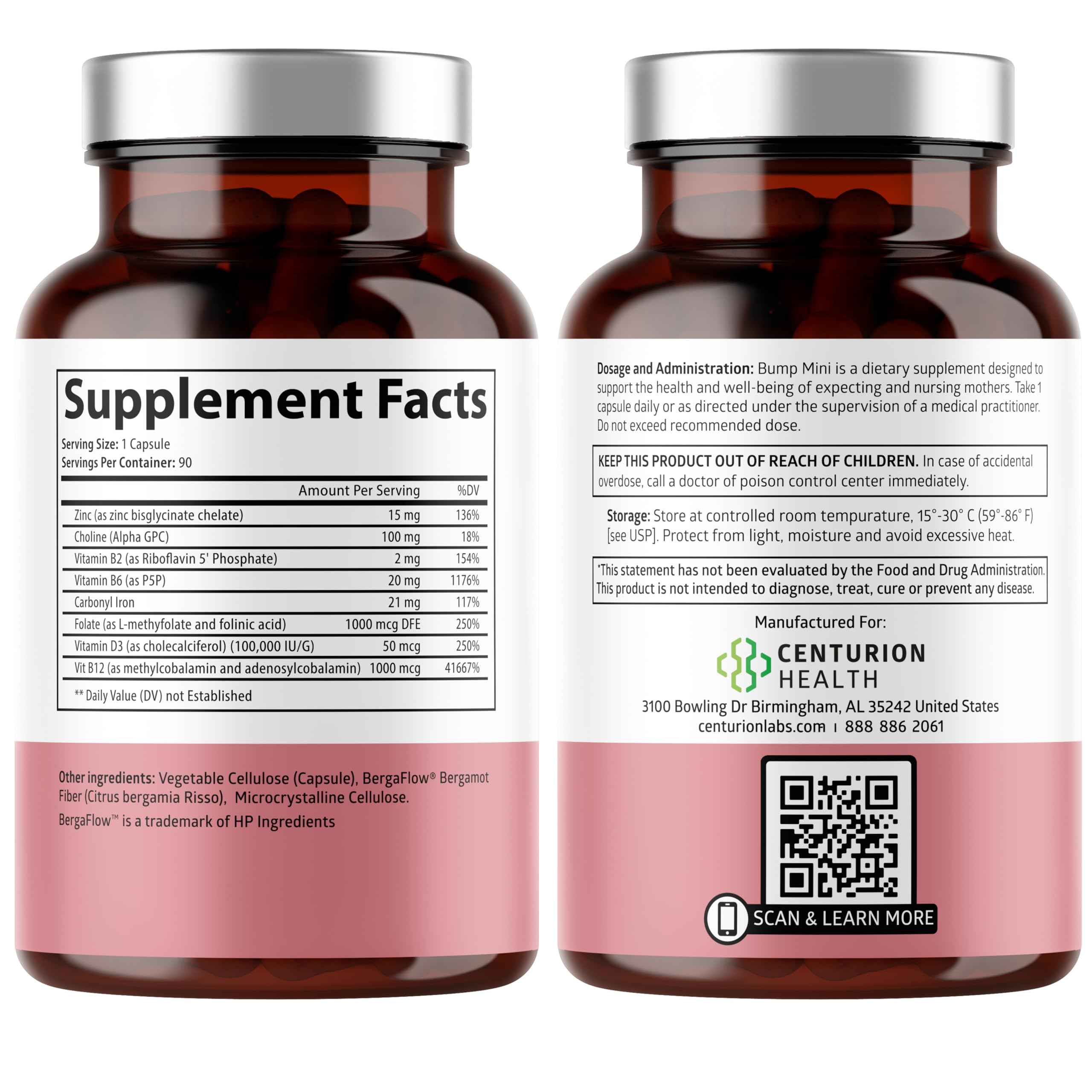 Centurion Health Bump Mini bottle side view showing capsule packaging.