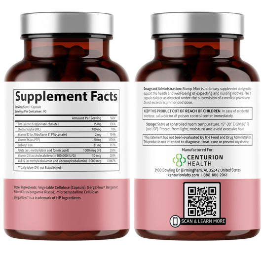 Centurion Health Bump Mini bottle side view showing capsule packaging.