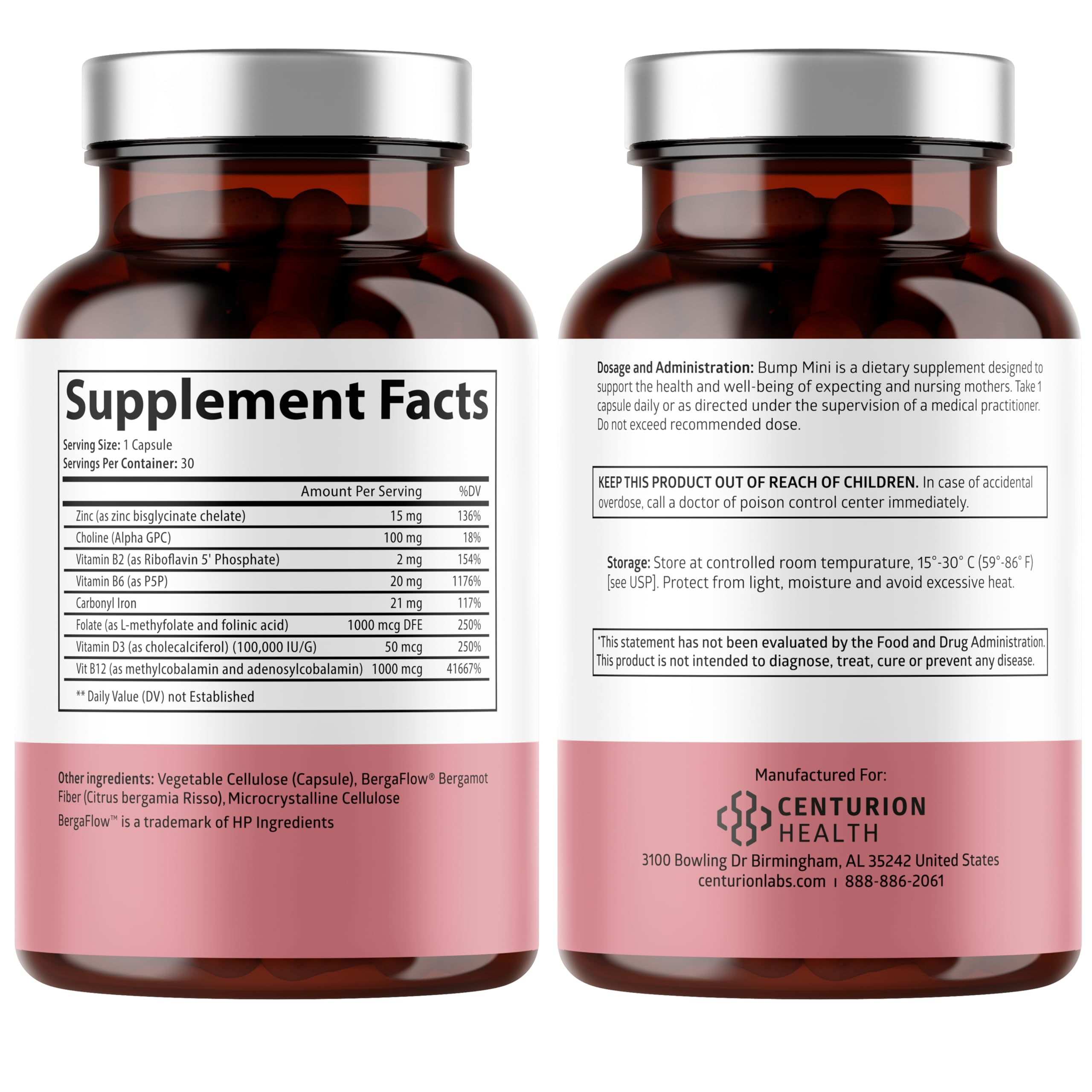 Close-up of Bump Mini capsules showing easy-to-swallow prenatal vitamins.