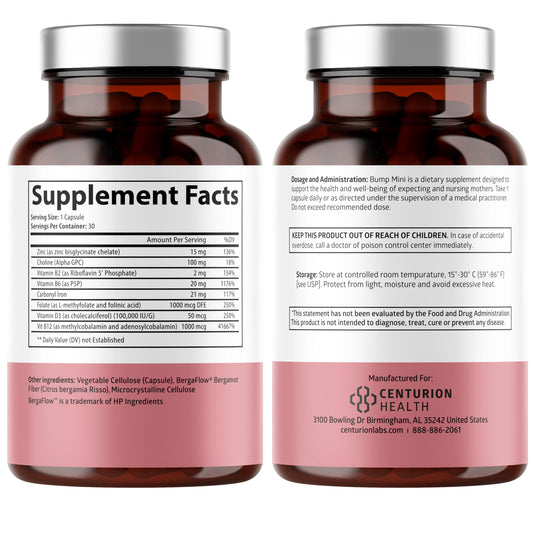 Close-up of Bump Mini capsules showing easy-to-swallow prenatal vitamins.