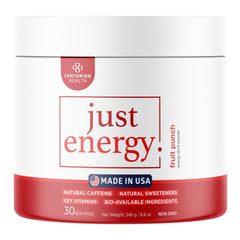 Centurion Health Just Energy fruit punch powder being poured into a glass for a refreshing daytime boost