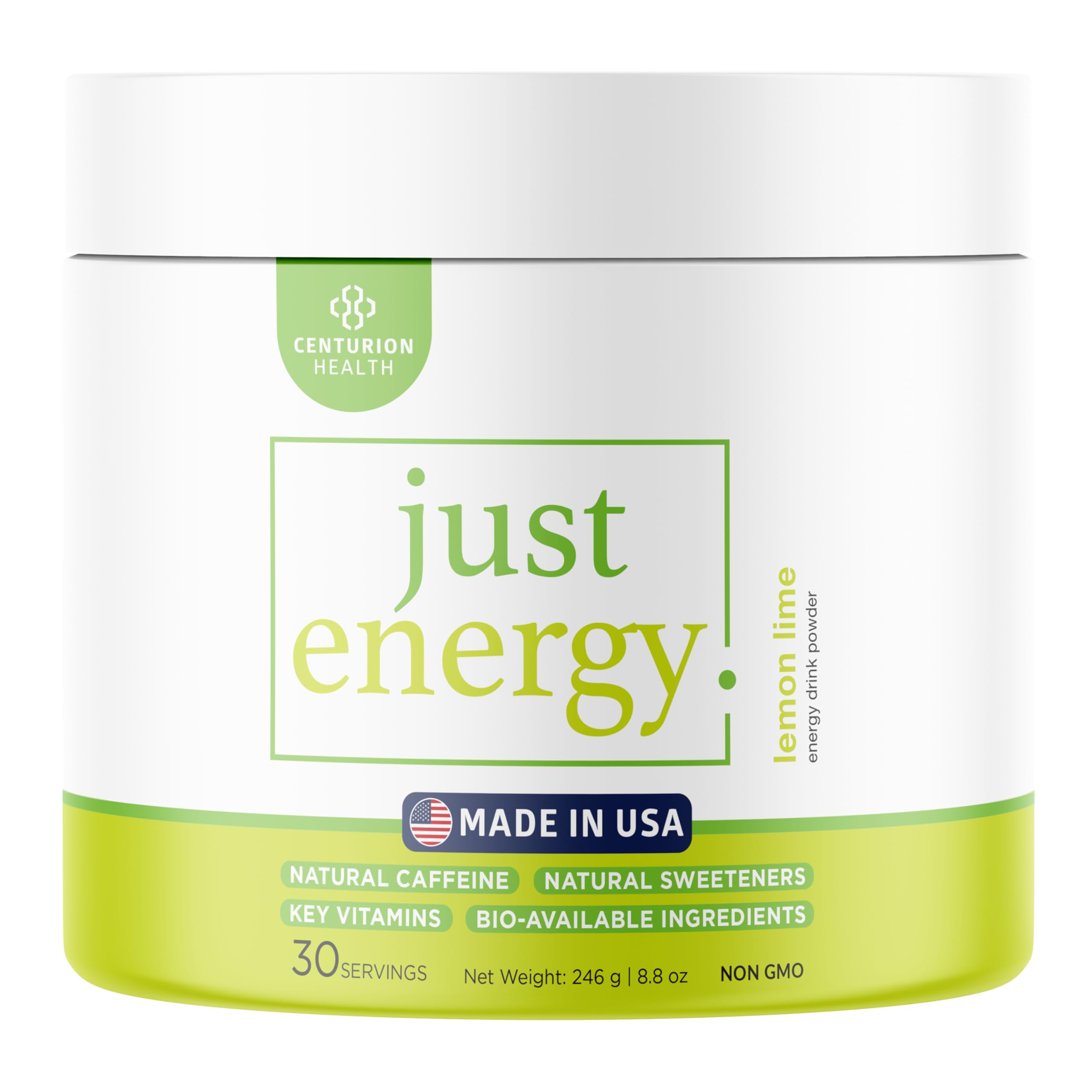 Centurion Health Just Energy Lemon Lime powder tub for a refreshing energy lift.