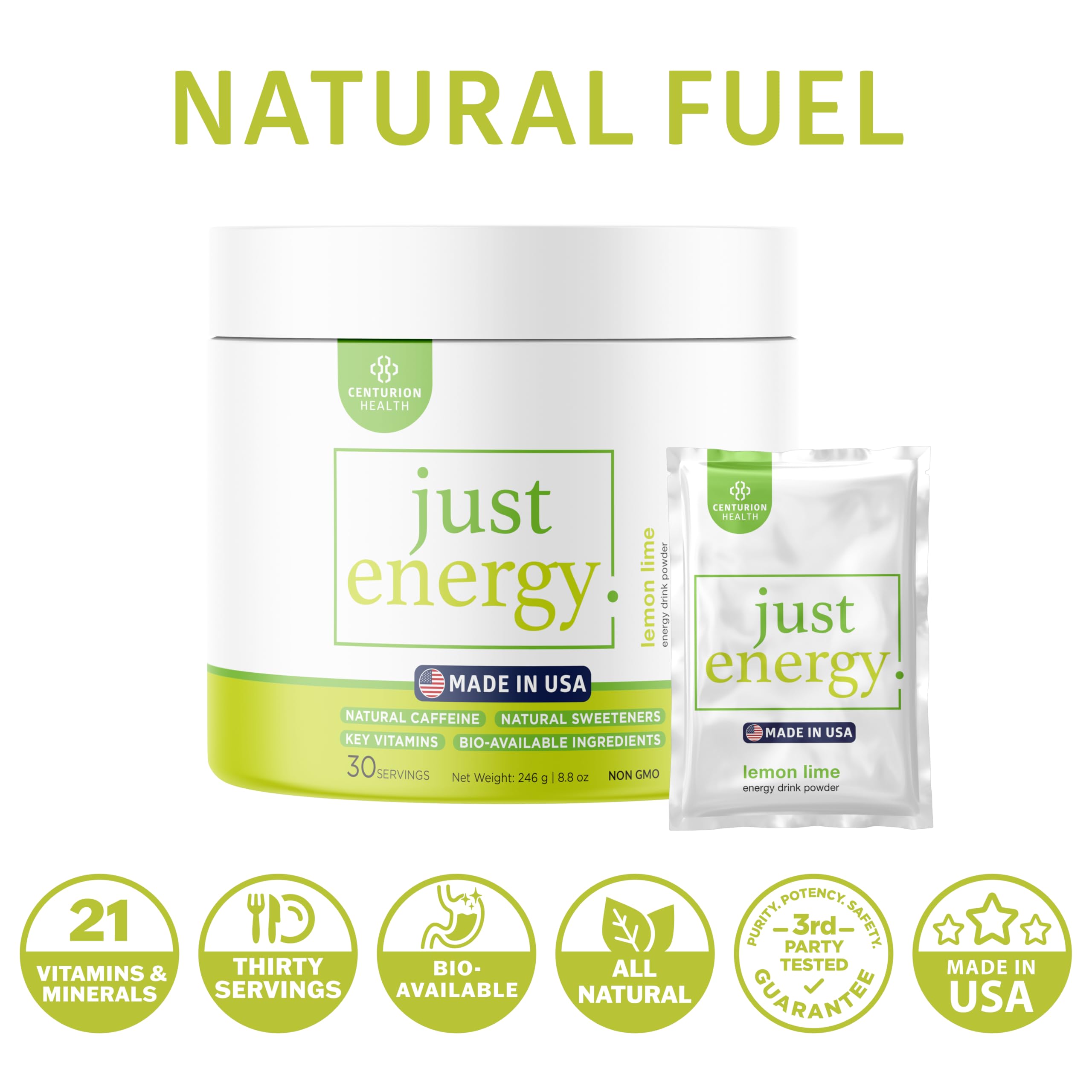 Centurion Health Just Energy label highlights non-GMO ingredients and USA origin.