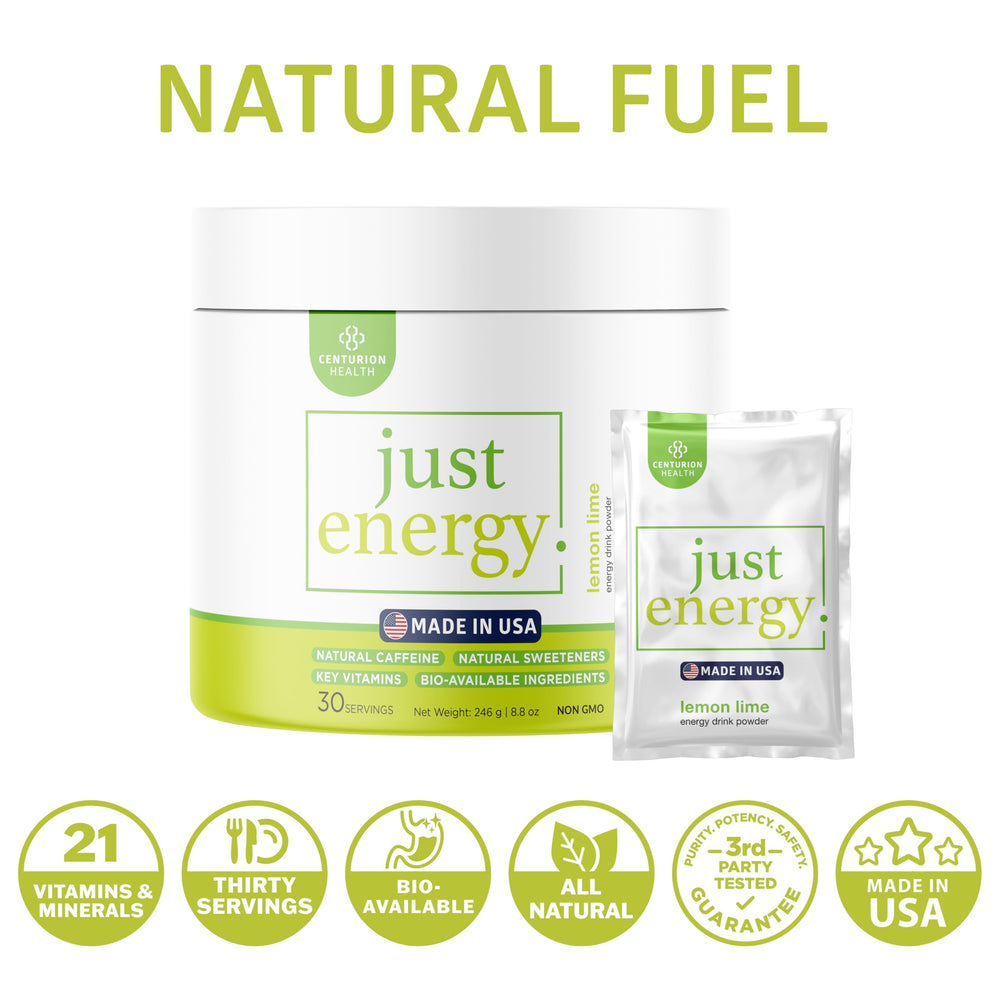 Centurion Health Just Energy label highlights non-GMO ingredients and USA origin.