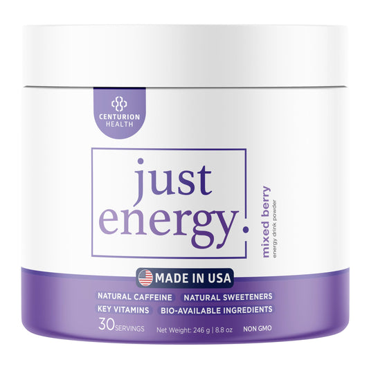 Centurion Health Just Energy powder tub ready for a refreshing berry boost.
