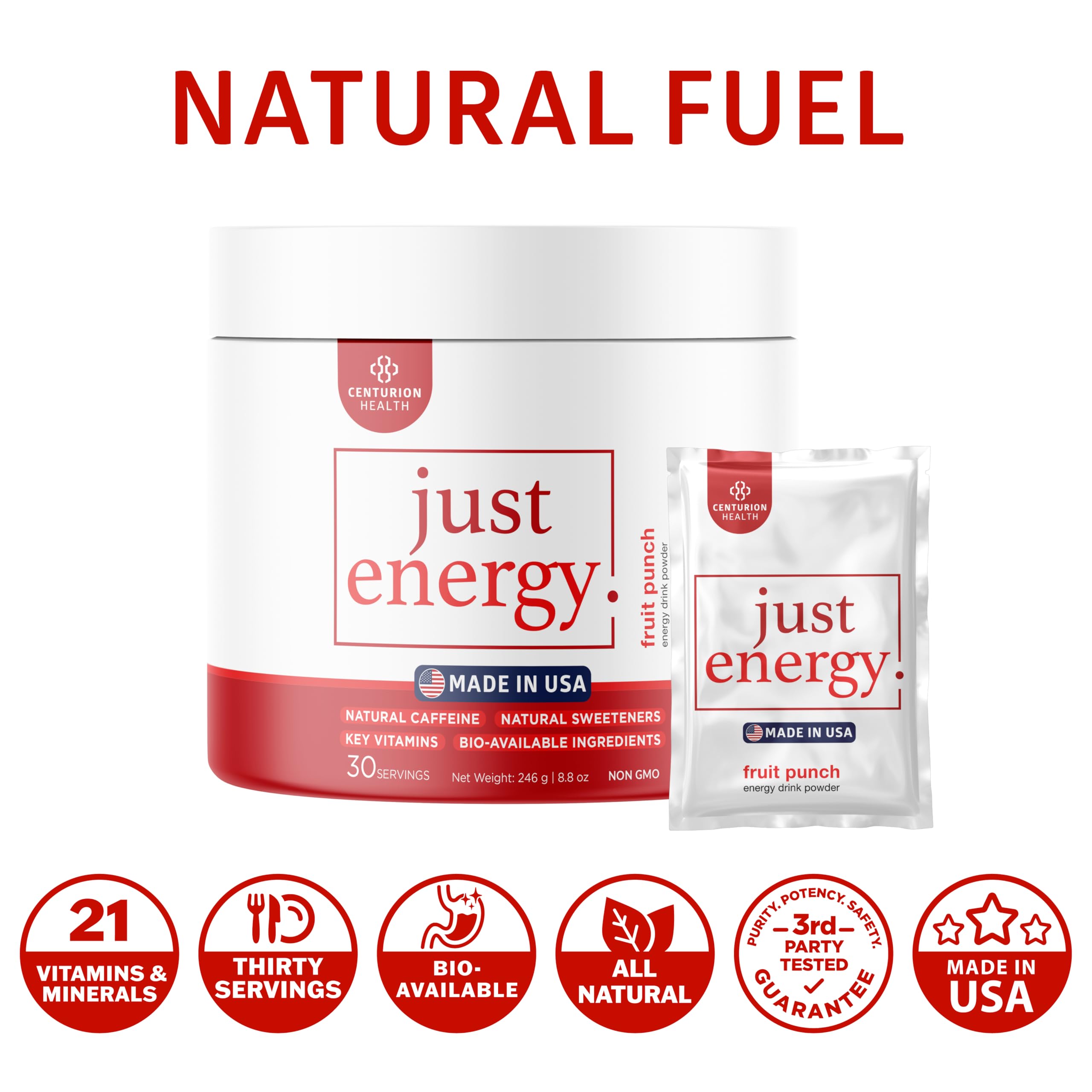 Centurion Health Just Energy scoop and glass ready for on-the-go use