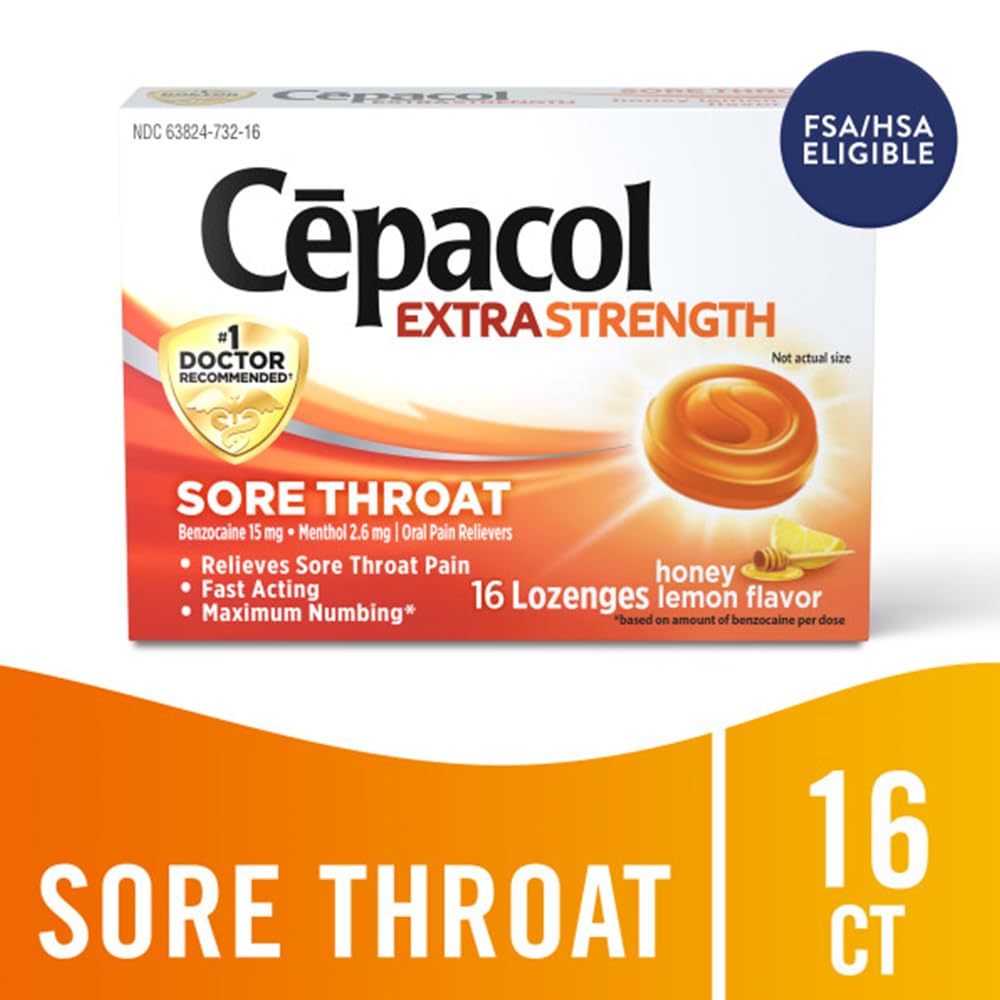 Cepacol lozenges Honey Lemon closeup showing smooth texture and cooling sensation.