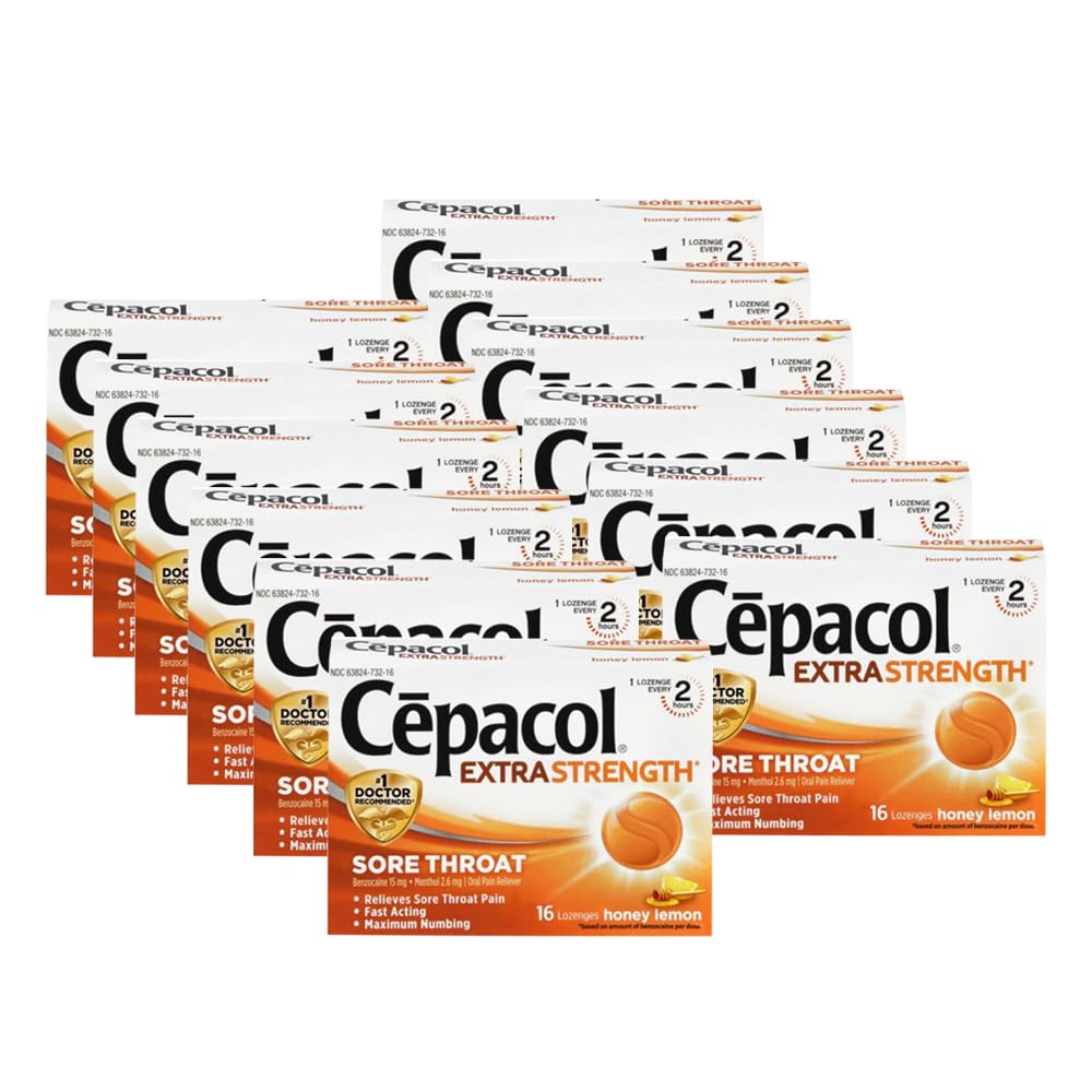 Cepacol maximum-strength throat drops Honey Lemon on box display for quick oral comfort.