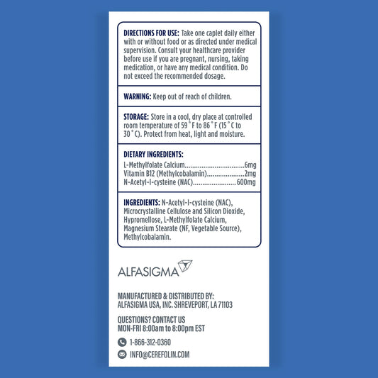 Cerefolin Brain Wellness bottle label closeup highlighting ingredients for brain health