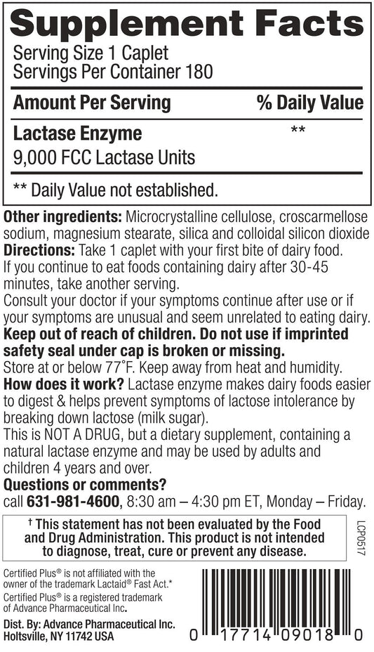 Certified Plus lactase fast-acting caplets close-up for dairy comfort and digestion