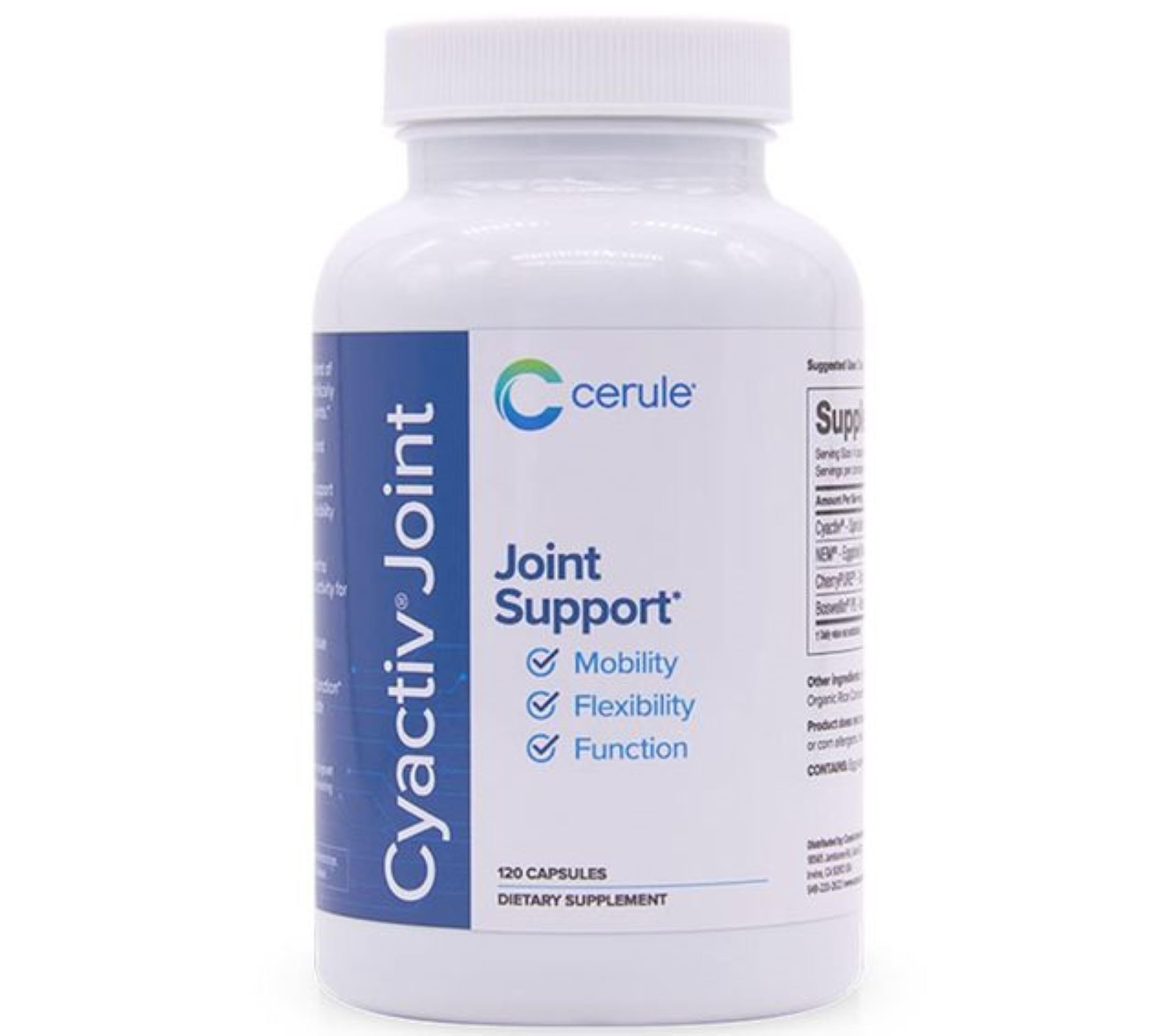 Cerule Cyactiv spirulina bottle closeup for joint comfort and daily mobility